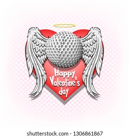 Happy Valentine day. Golf logo template design. Golf ball with wings and nimbus. Pattern for banner, poster, greeting card, party invitation. Vector illustration