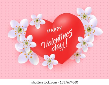 Happy Valentine Day greeting banner or card with sign on big red realistic 3d heart shape surrounded by white flowers on pastel pink background - vector illustration of congratulation for 14 February.