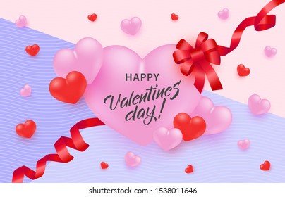 Happy Valentine Day greeting banner with congratulation sign in big pink heart shape with red ribbon and bow on pastel background - vector illustration of romantic design for 14 February.