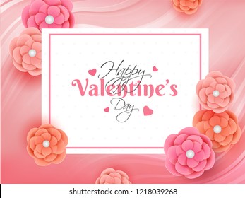 Happy Valentine Day greeting card design decorated with paper cut flowers on abstract pink background.