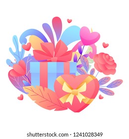 Happy Valentine Day greeting card. Background with gift boxes.