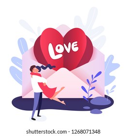 Happy Valentine Day greeting card with Valentine in the envelope and the words Love, flat vector illustration isolated on white background. Valentine day greeting card with hugging funny couple