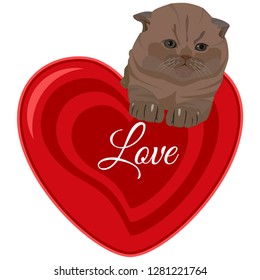 Happy Valentine Day greeting card design template. Vector illustration of little kitten and red heart. Cute love cat sticker, emblem.