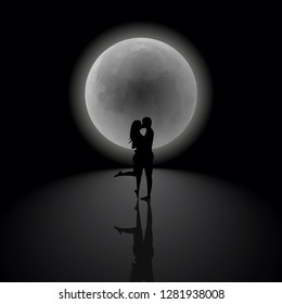 Happy Valentine is Day greeting card, poster or banner is a blank template, silhouette couple in love boy and girl kiss on the background of the night sky with a large full moon