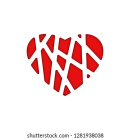 Happy Valentine is Day greeting card is a blank white banner template, love poster in the shape of a red heart with a 3D paper cut weaving lines abstract pattern with shadows