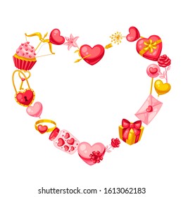 Happy Valentine Day greeting card. Holiday background with romantic items and love symbols.