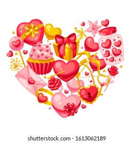Happy Valentine Day greeting card. Holiday background with romantic items and love symbols.
