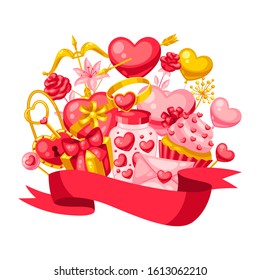 Happy Valentine Day greeting card. Holiday background with romantic items and love symbols.