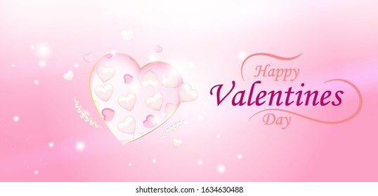 Happy Valentine Day. Greeting card of love with pink hearts and font inscription. Flat vector illustration EPS10