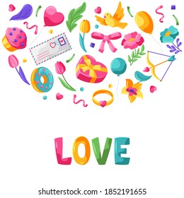 Happy Valentine Day greeting card. Holiday background with romantic items and love symbols.