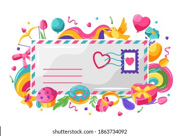 Happy Valentine Day greeting card. Holiday illustration with romantic items and love symbols.