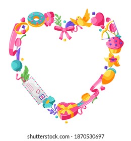 Happy Valentine Day greeting card. Holiday background with romantic items and love symbols.