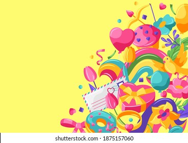 Happy Valentine Day greeting card. Holiday background with romantic items and love symbols.