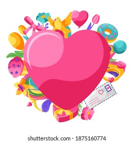 Happy Valentine Day greeting card. Holiday background with romantic items and love symbols.