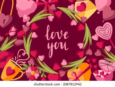 Happy Valentine Day greeting card. Holiday background with romantic and love symbols.