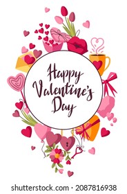 Happy Valentine Day greeting card. Holiday background with romantic and love symbols.