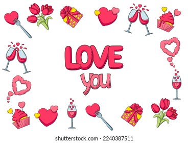 Happy Valentine Day greeting card. Holiday background with romantic love symbols.