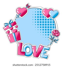 Happy Valentine Day greeting card. Holiday background with romantic stickers and love symbols.