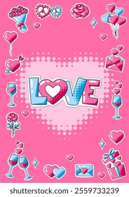 Happy Valentine Day greeting card. Holiday background with romantic stickers and love symbols.
