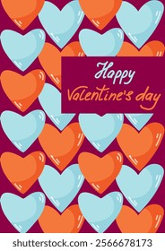 Happy Valentine Day. Greeting card with orange and blue hearts on purple background. For cards, posters, digital messages, or social media posts