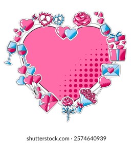 Happy Valentine Day greeting card. Holiday background with romantic stickers and love symbols.