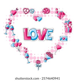 Happy Valentine Day greeting card. Holiday background with romantic stickers and love symbols.