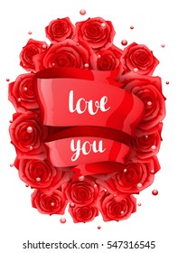 Happy Valentine day greeting card with red realistic roses.