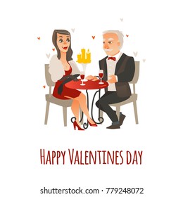 Happy Valentine Day greeting card with elder, senior couple drinking wine in restaurant, flat vector illustration isolated on white background. Valentine greeting card with elder couple in restaurant