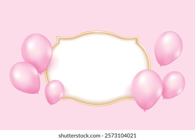 Happy valentine day greeting with golden luxury frame and pink balloons 3d style. vector premium.