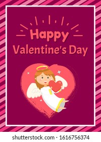 Happy Valentine day greeting papercard decorated by flying angel with wings and nimbus on purple, portrait view of girl in white dress holding heart vector