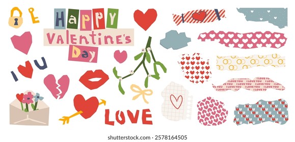 Happy Valentine Day greeting scrapbooking symbols, decorative design elements, pieces of paper stickers set. Labels for love, adoration, passion and romance emotions showcasing vector illustration