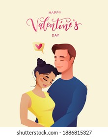 Happy Valentine day hand lettering text with cute couple in love. Cartoon vector illustration.