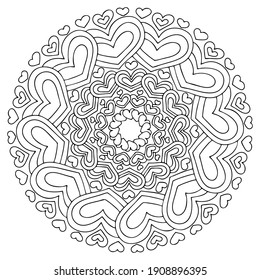 Happy Valentine Day hearts mandala coloring page for kids and adults vector. Funny heart shapes circle black outline white isolated. Hand drawn mandala for printing, coloring and fun. One of a series