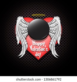 Happy Valentine day. Hockey logo template design. Hockey puck with wings and nimbus. Pattern for banner, poster, greeting card, party invitation. Vector illustration