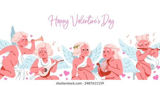 Happy Valentine Day holiday banner. Cute cupids, cherubs with hearts, celebrating love, playing music. Winged angels, romantic greeting card design, February 14 celebration. Flat vector illustration