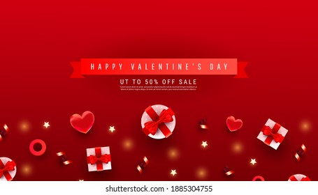 Happy Valentine day horizontal composition. Bright surprise gifts with heart, ribbon decor and text on red background. Flat lay, top view, copy space. Vector illustration