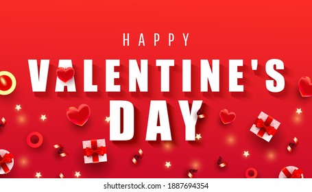 Happy Valentine day horizontal composition. Bright surprise gifts with heart, ribbon decor and 3D text on red background. Flat lay, top view, copy space. Vector illustration
