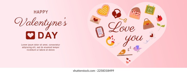 Happy Valentine day horizontal web banner. Romantic symbols for holiday, heart, love letter, padlock and key, birds, flower. Vector illustration for header website, cover templates in modern design