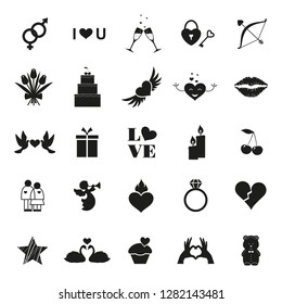 Happy Valentine Day Icons Set isolated over White. Flat Design Vector Illustration. Collection of Love Wedding Items.