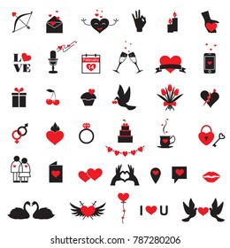 Happy Valentine Day Icons Set isolated over White. Flat Design Vector Illustration. Collection of Love Wedding Items.