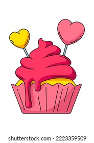 Happy Valentine Day illustration of cupcake with hearts. Holiday romantic love symbol.