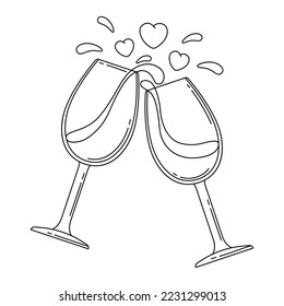Happy Valentine Day illustration of heart glasses with wine. Holiday romantic love symbol.