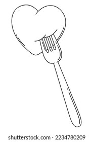 Happy Valentine Day illustration of heart on fork. Holiday romantic love symbol.