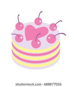 Happy valentine day isolated icon with cake. Love and wedding romantic symbol, just married hand drawn vector illustration.