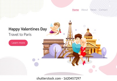 Happy Valentine day. Joint travel to Paris. Couple in love sitting hugging on bench. Vacations, trip to Europe. People on the background of tourist landmarks. Vector illustration landing page