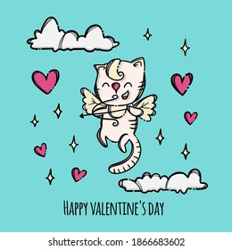 HAPPY VALENTINE Day Kitten Cupid Shoots A Bow Flying In The Sky Surrounded By Flying Hearts Hand Drawn Cartoon Animal Clip Art Vector Illustration Set For Print