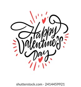 Happy Valentine day lettering phrase with pink color rays and heart sign. Vector art text isolated on white background.