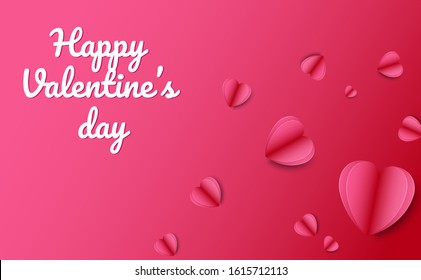 Happy valentine day lettering with pink paper art in heart shape on pink gradient background. Concept for greeting card, poster or banner for valentine day in vector illustration