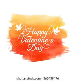 Happy Valentine Day  lettering postcard on orange  watercolor background