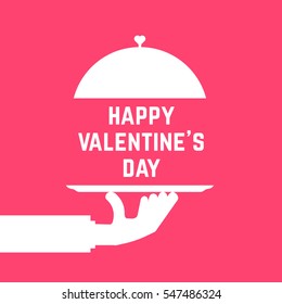 happy valentine day like serving hand. concept of luxury, dining, silverware cloche, gourmet, rendezvous, foodie, lunch symbol. flat style trend modern logotype graphic art design on pink background